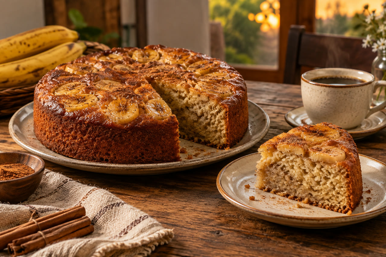 Bolo de banana com canela, bananas caramelizadas e miolo úmido