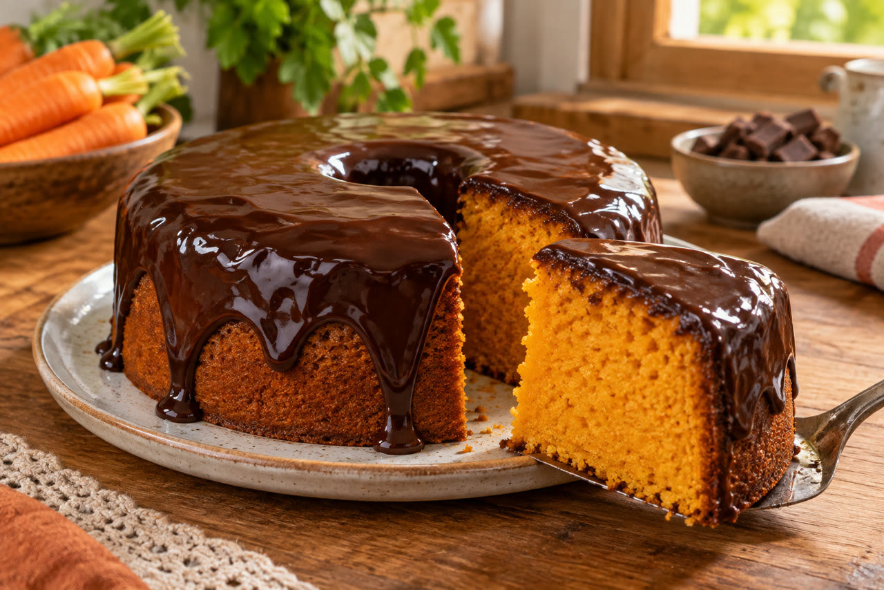 Bolo de cenoura cortado, com cobertura brilhante de chocolate