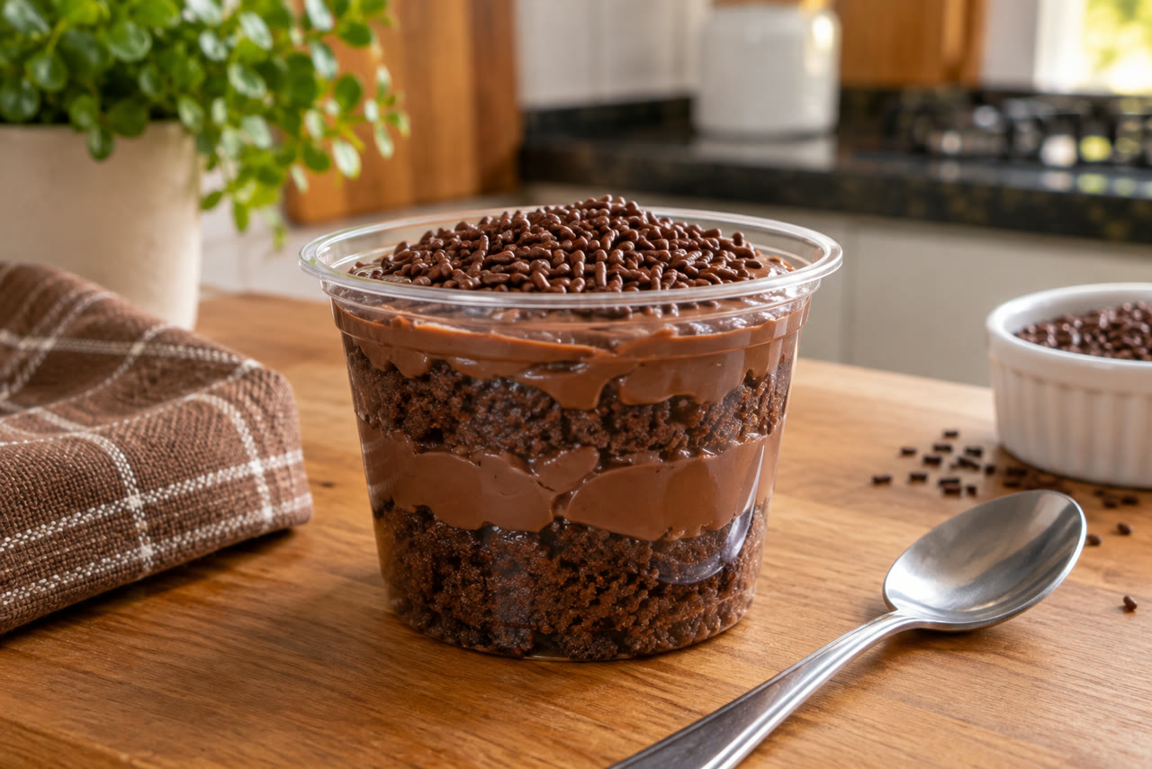 Bolo no pote de brigadeiro com camadas visíveis