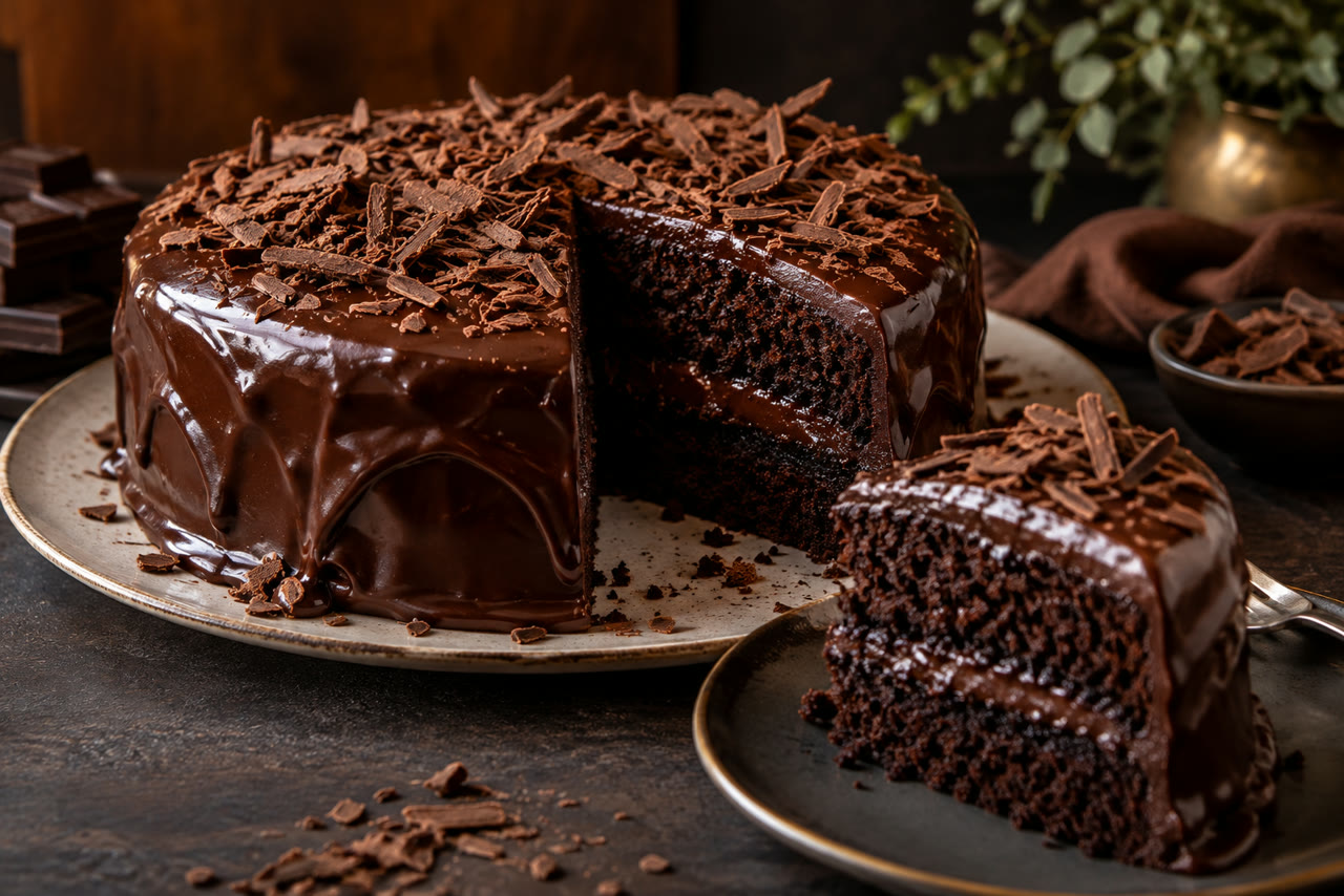 Bolo de chocolate intenso com miolo úmido e ganache