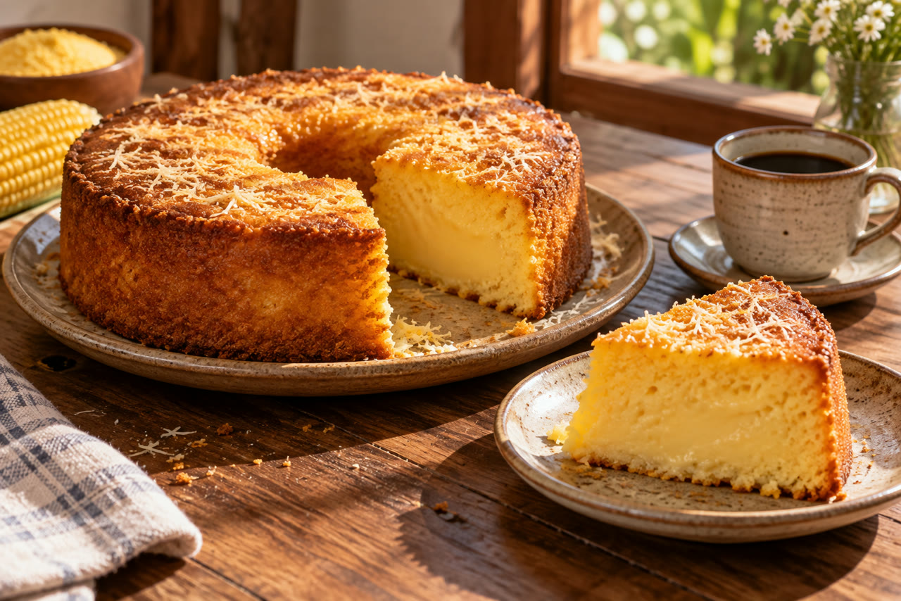 Fatia de bolo de fubá cremoso com bordas douradas