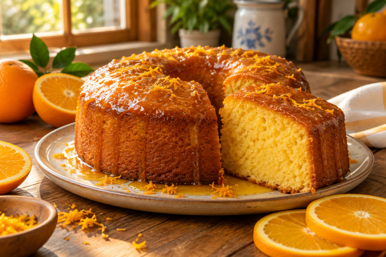 Bolo de laranja com calda e raspas frescas