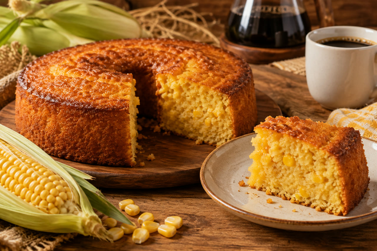 Bolo de milho cremoso servido em fatias