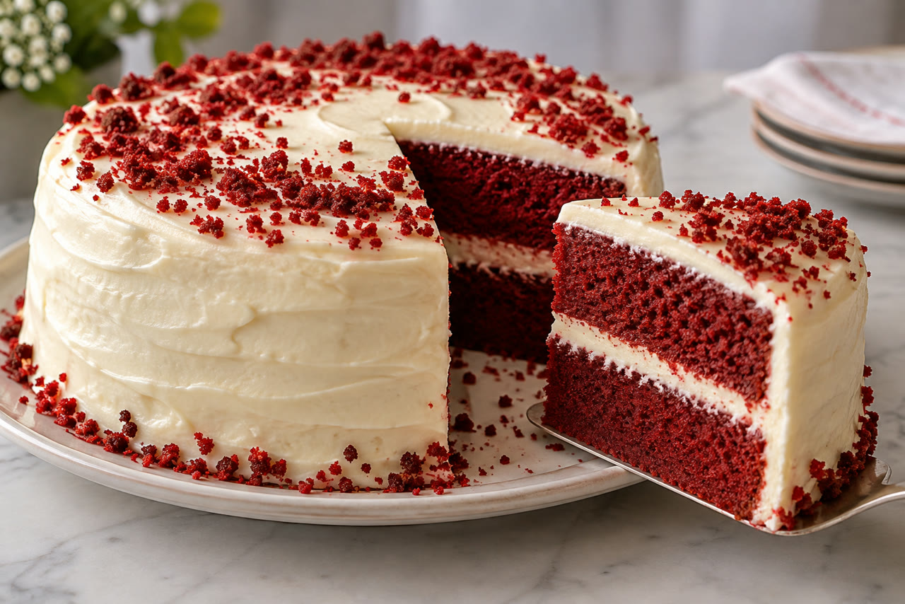 Bolo red velvet vermelho com cobertura branca cremosa