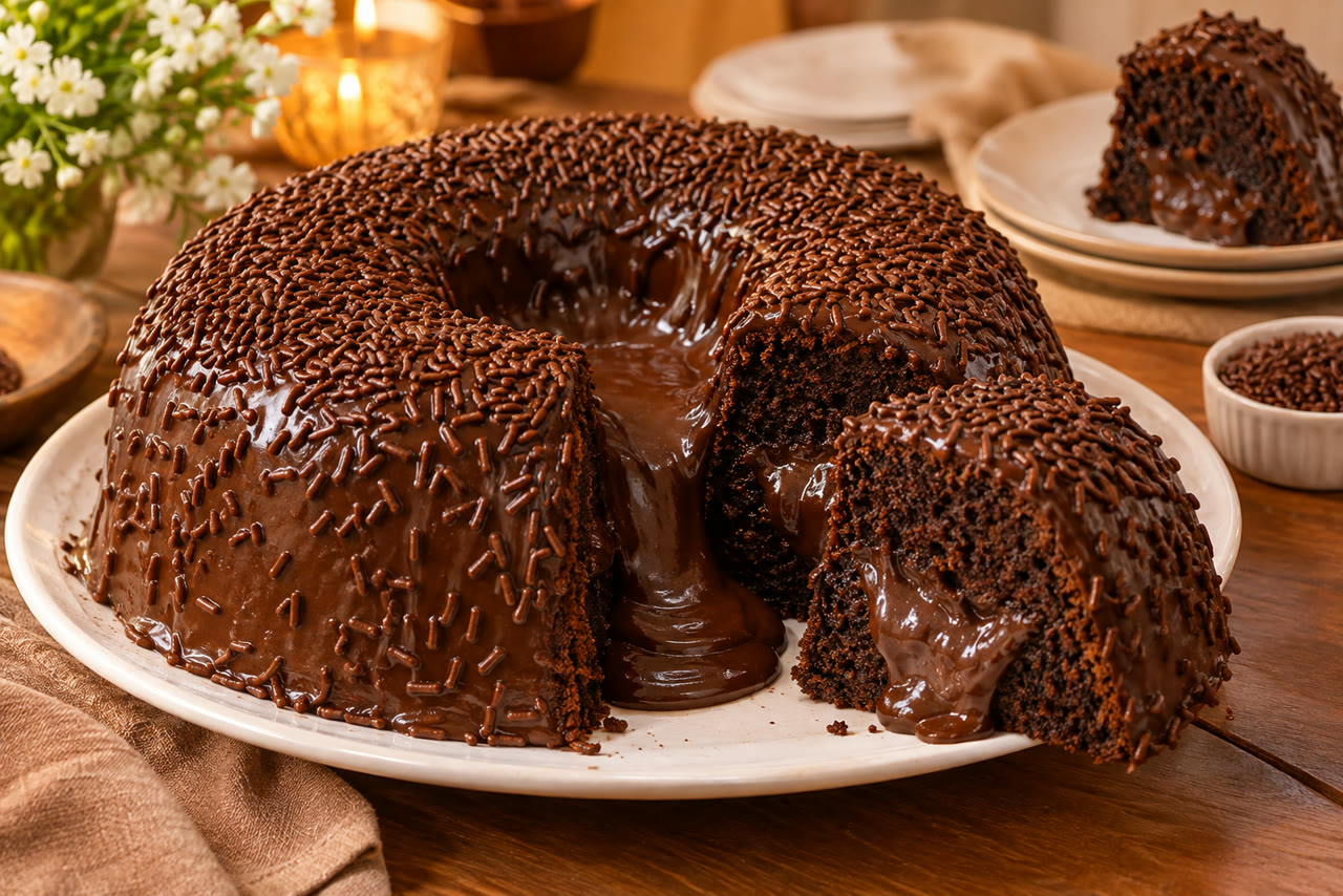 Bolo vulcão de chocolate com recheio cremoso escorrendo